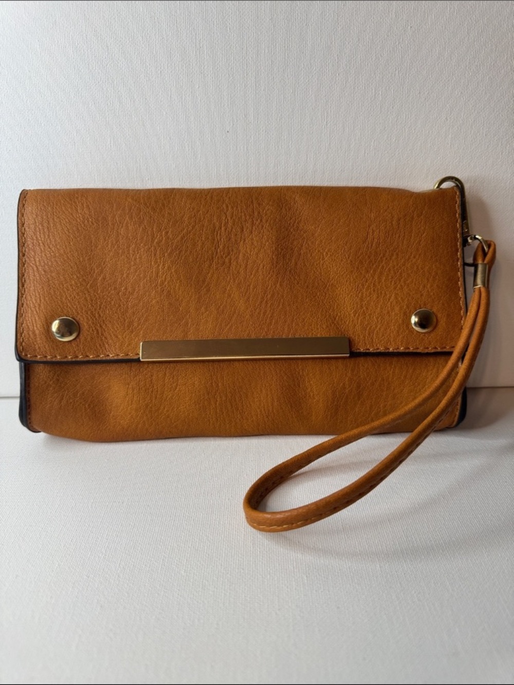 Leather Wristlet Clutch in Cognac Brown with Gold Accent